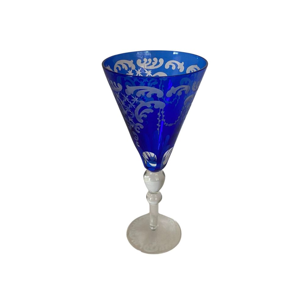 VTG Bohemian Cobalt Blue Cut to Clear Crystal Wine Goblet Stemmed Glass 9.5”